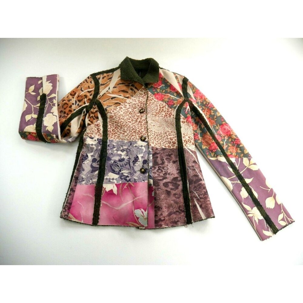 Animal Floral Patchwork Print  Faux Suede Coat Fleece Trim Lapis Womens Medium